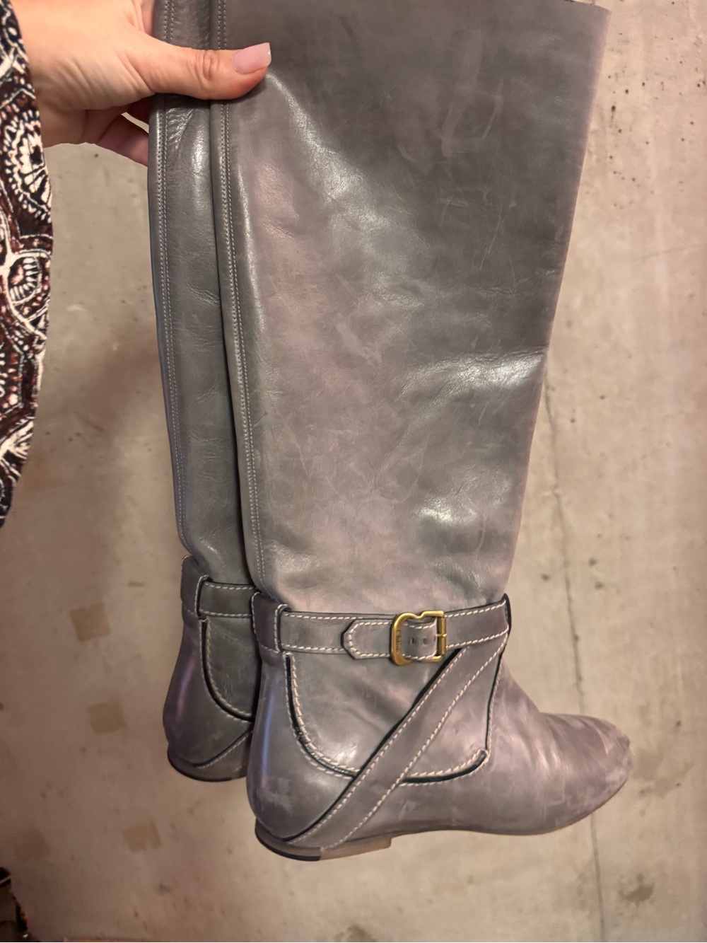 Chloe Italy Gray Leather Round Toe Pull-on Knee High Riding Womens Boots SZ 8.5